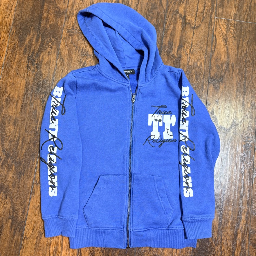 True Religion Zip Up Hoodie Boys Large Blue Graphic Logo World Tour Sweatshirt